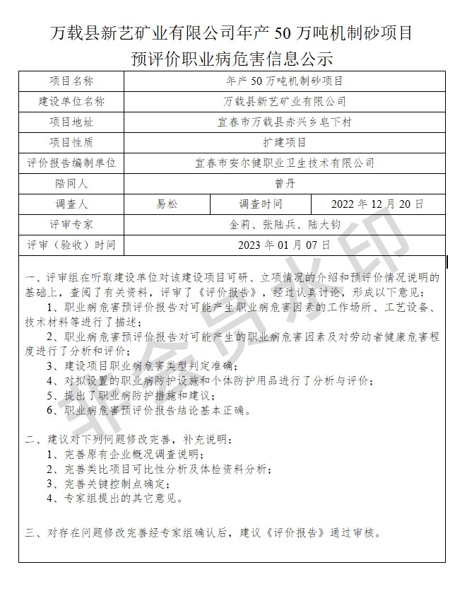 萬載縣新藝礦業(yè)有限公司年產(chǎn)50萬噸機(jī)制砂項目預(yù)評價職業(yè)病危害信息公示.jpg