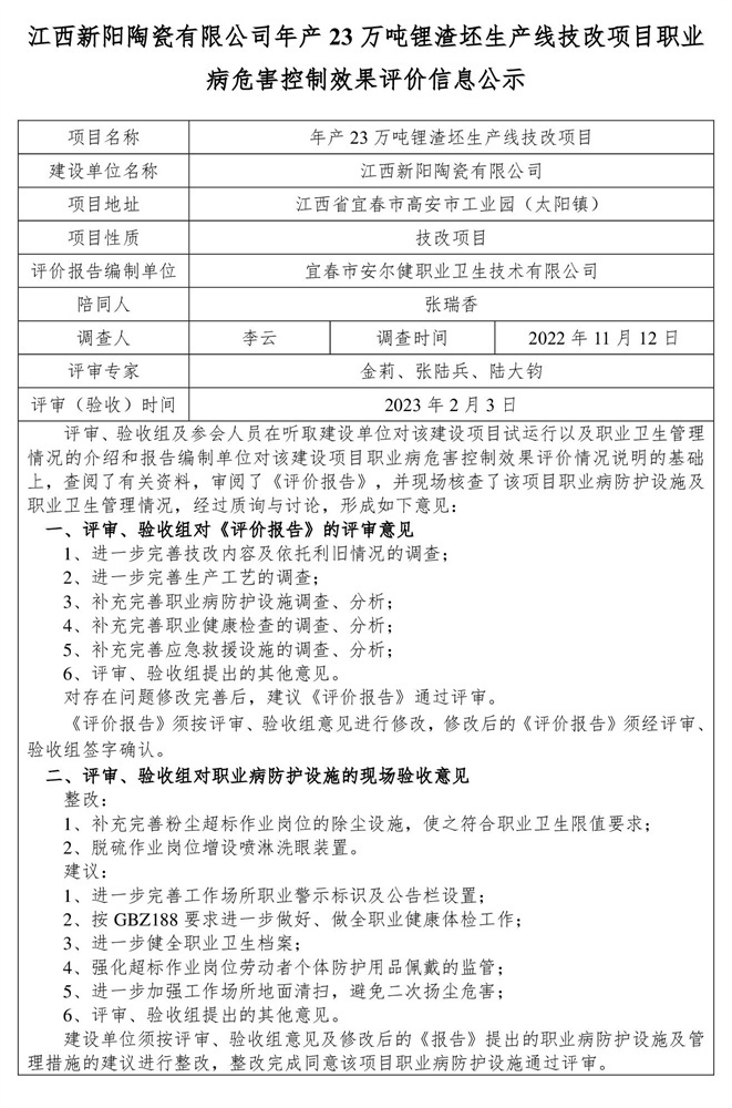 江西新陽陶瓷有限公司年產(chǎn)23萬噸鋰渣坯生產(chǎn)線技改項(xiàng)目 建設(shè)項(xiàng)目職業(yè)病危害控制效果評(píng)價(jià)信息公示-1.jpg
