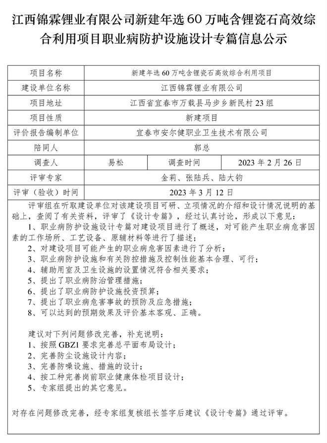 江西錦霖鋰業(yè)有限公司新建年選60萬噸含鋰瓷石高效綜合利用項(xiàng)目職業(yè)病防護(hù)設(shè)施設(shè)計(jì)專篇信息公示.jpg